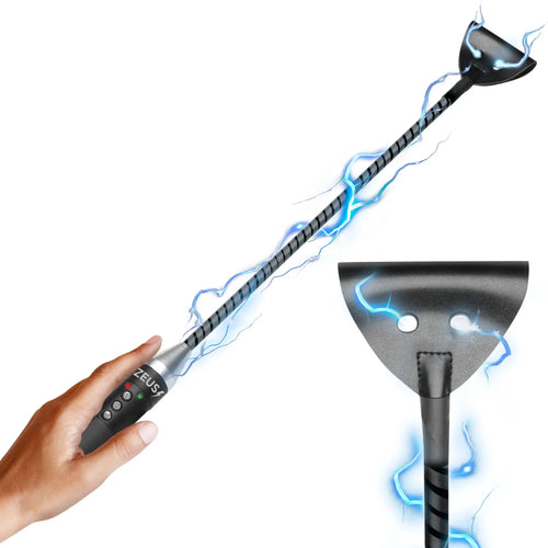 Zeus Electrosex E-stim crop with a black handle, metallic shaft, and leather-style head surrounded by blue lightning.