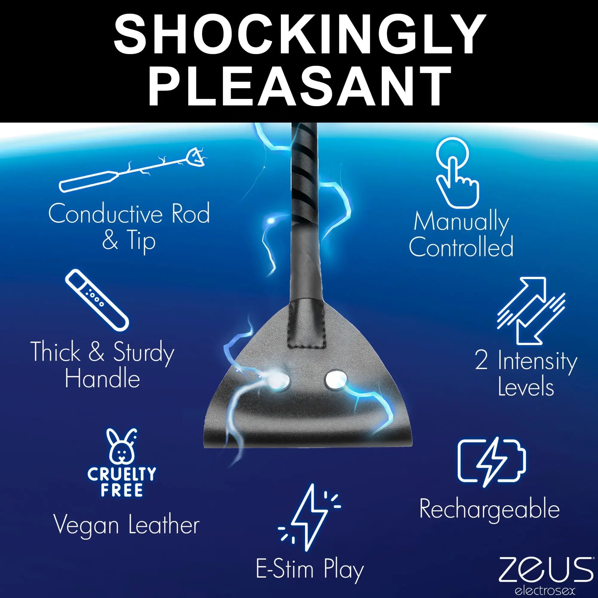 Zeus Electrosex E-stim Crop in black vegan leather with conductive electrode contact points and blue electrical effects.