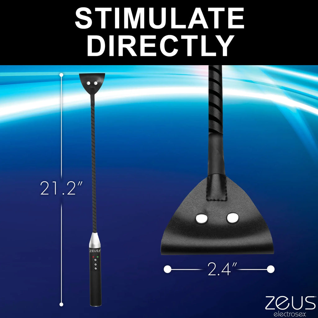 Zeus Electrosex E-stim Crop in black with a 21.2-inch flexible shaft and a 2.4-inch wide faux-leather contact head.