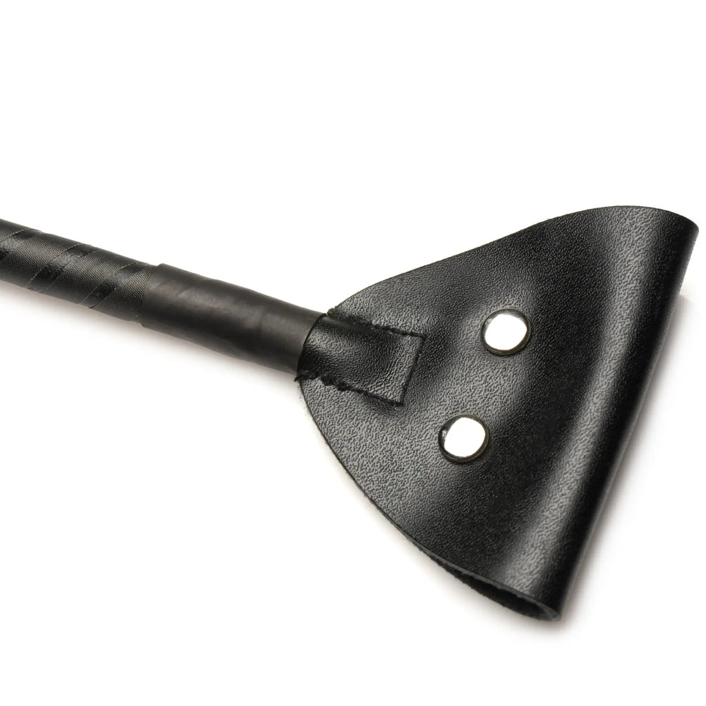 Zeus Electrosex E-stim Crop: a black faux-leather crop with a textured handle and a wide tab featuring two metal snaps.