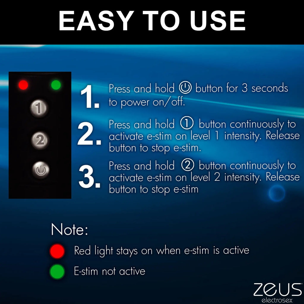 Zeus Electrosex E-stim Crop instructions showing a black control panel with numbered buttons and status indicator lights.