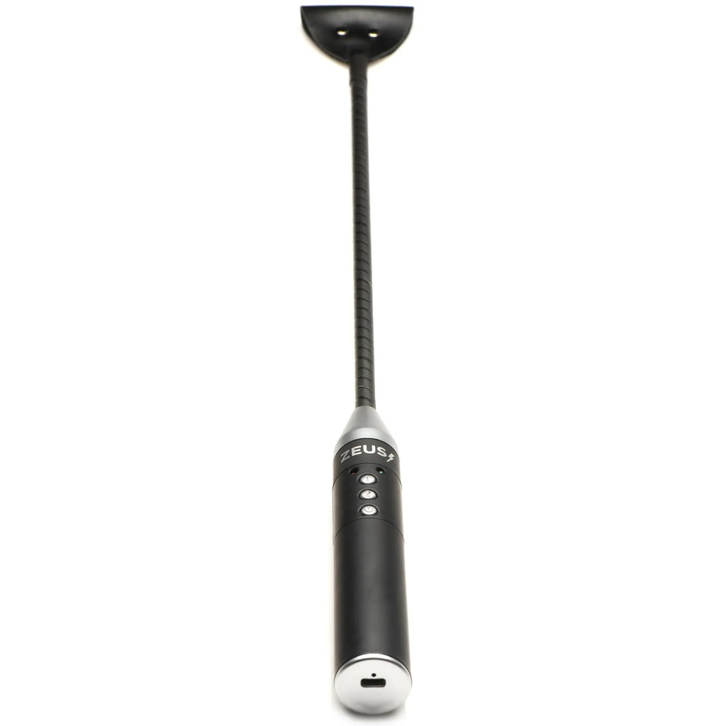 Zeus Electrosex E-stim Crop: A black and silver electronic crop with a control handle and a flat silicone striking end.