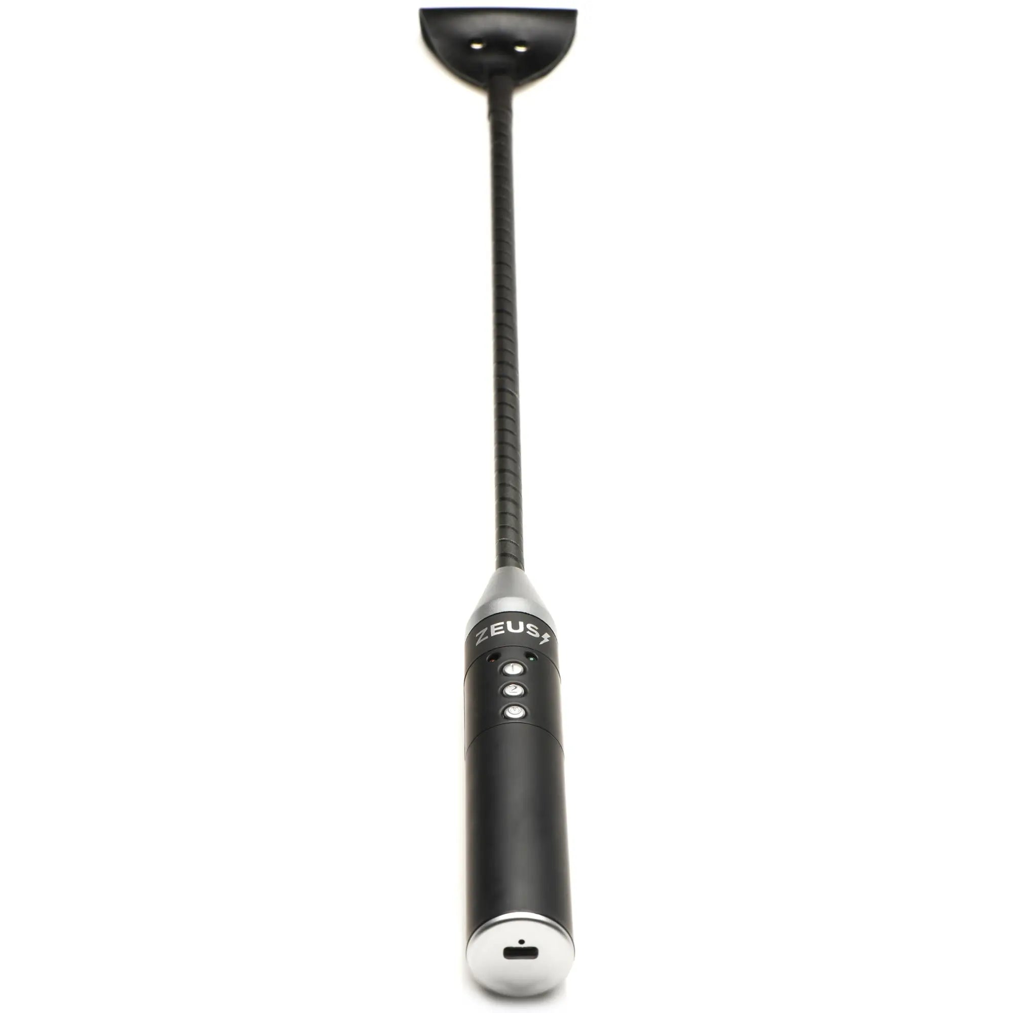 Zeus Electrosex E-stim Crop: A black and silver electronic crop with a control handle and a flat silicone striking end.
