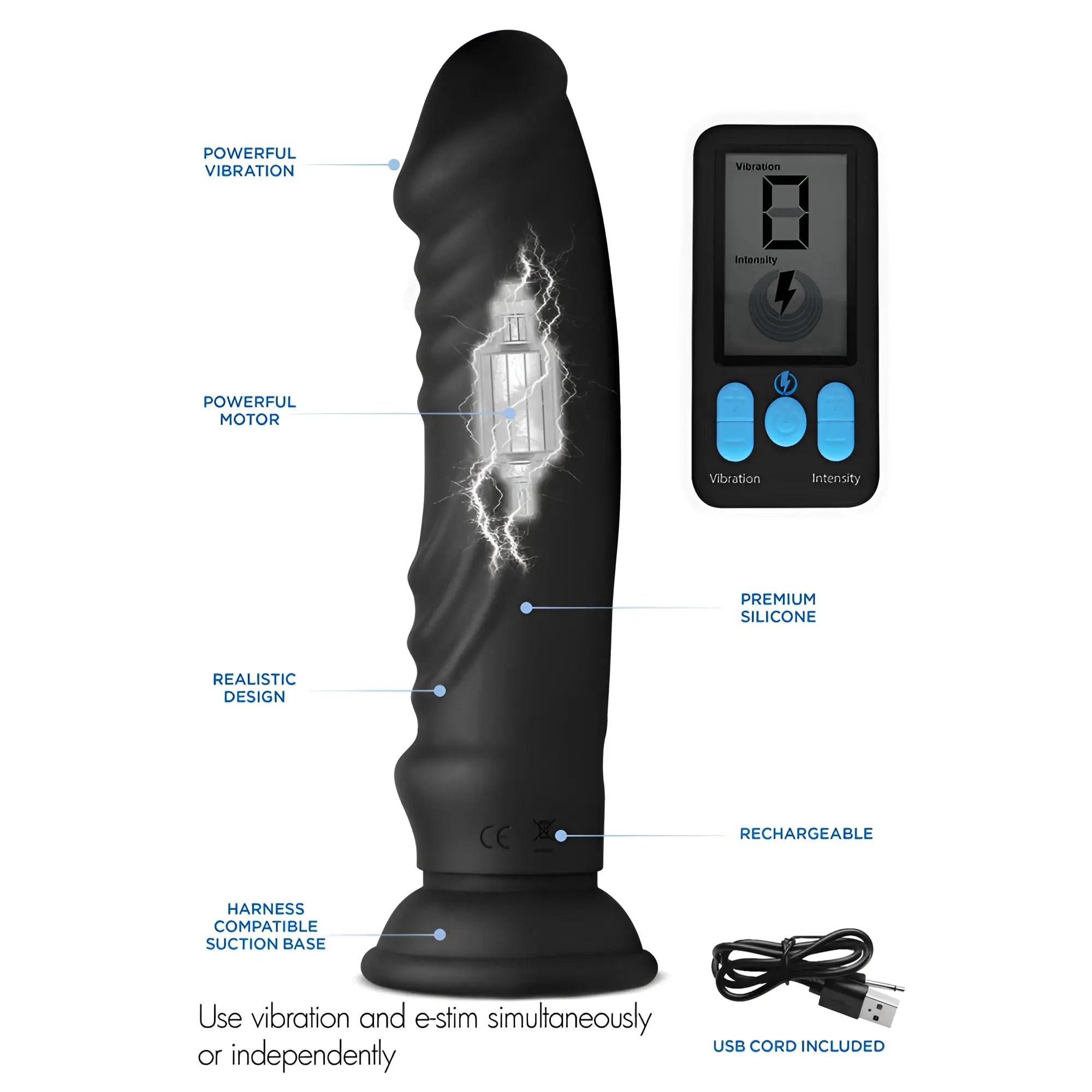 Zeus Electrosex E-Stim Pro 5x black silicone vibrating dildo with suction base, remote control, and charging cable.