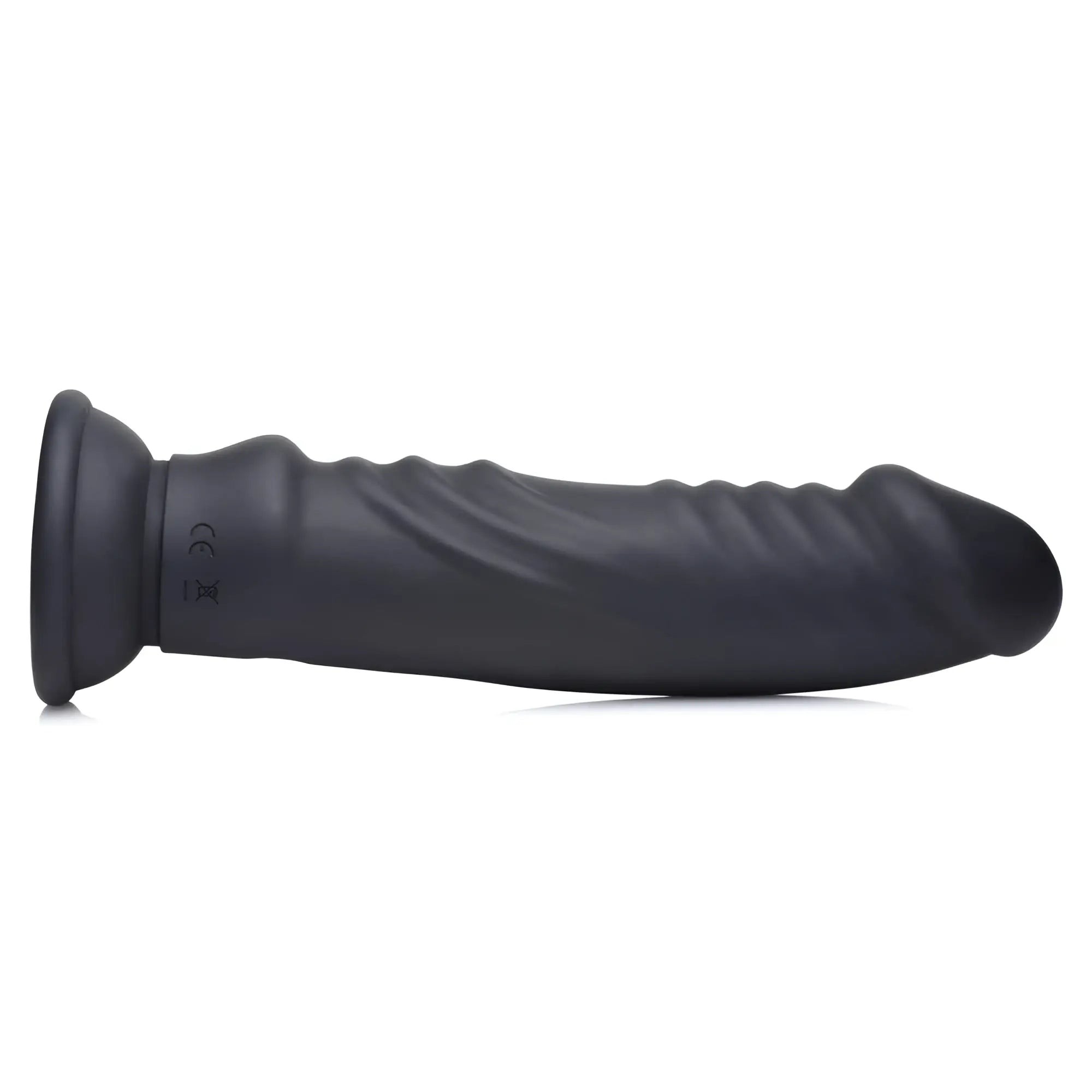 Zeus Electrosex E-Stim Pro 5x: A matte black, textured, contoured vibrating dildo with a flared base on a white background.