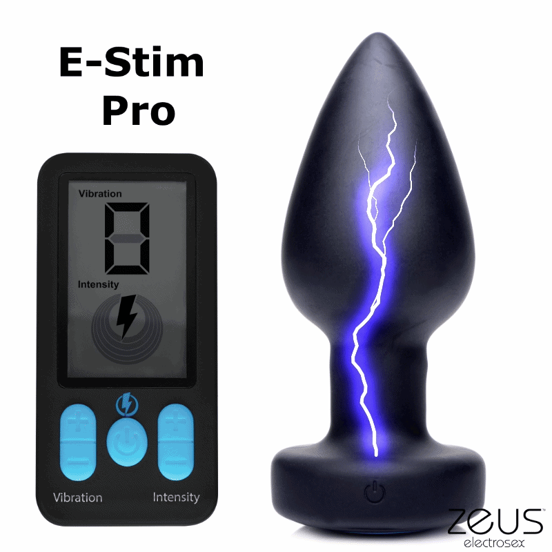 Zeus Electrosex E-Stim Pro: A black silicone anal plug with a purple lightning graphic alongside its remote control.