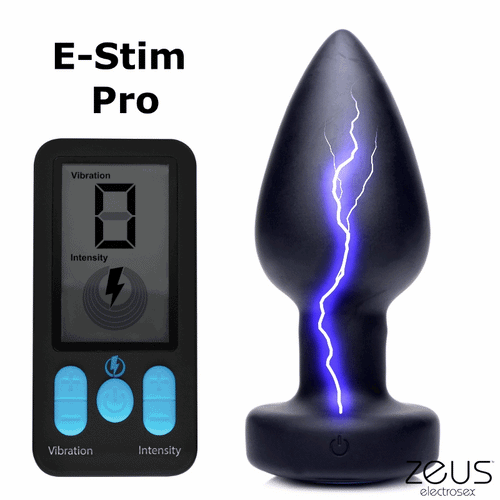 Zeus Electrosex E-Stim Pro: A black silicone anal plug with a purple lightning graphic alongside its remote control.