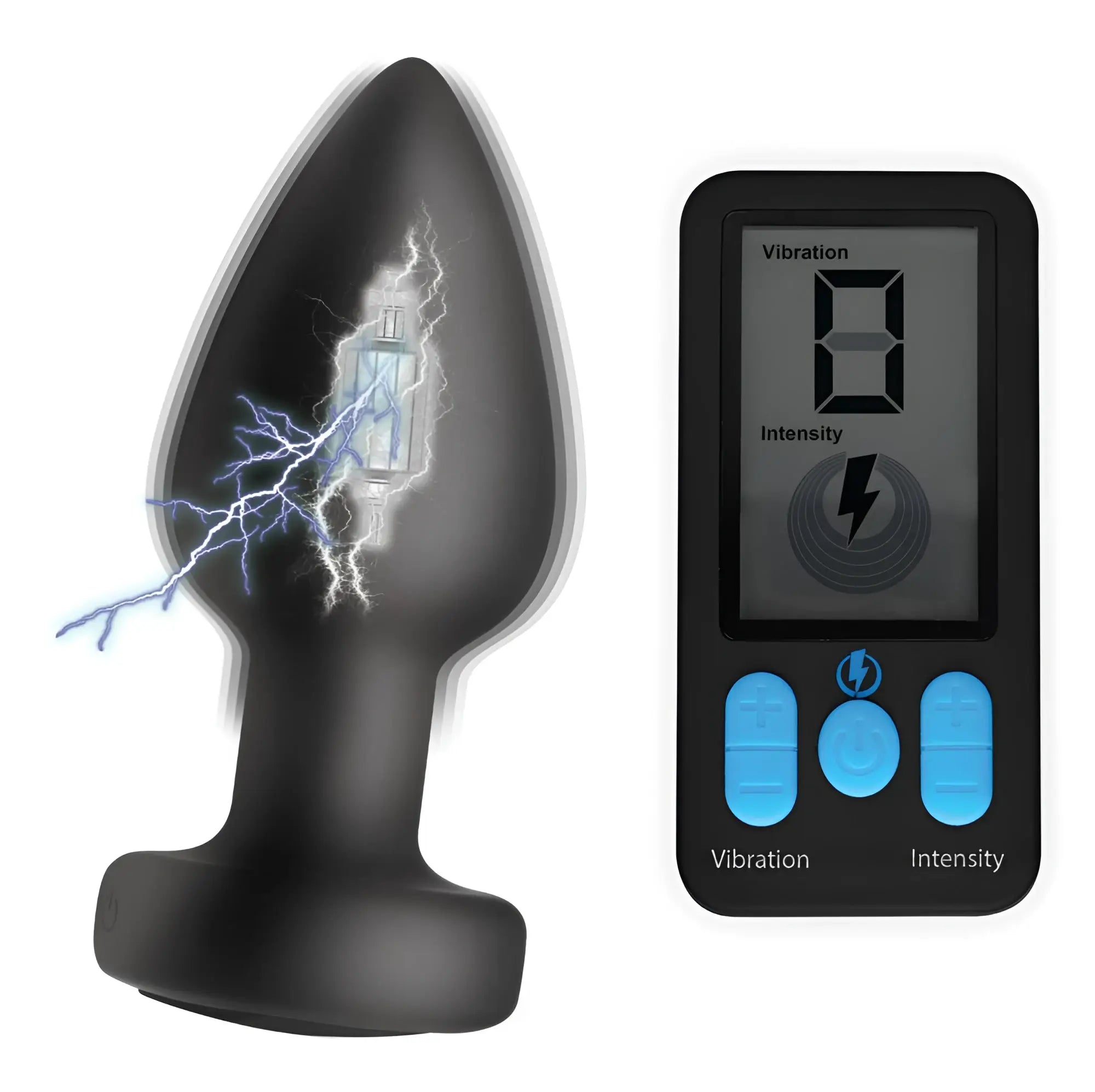 Zeus E-Stim vibrating black silicone anal plug with electrical bolt graphics and matching remote control.
