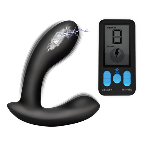 Black silicone Zeus E-Stim prostate massager with electric bolt graphic and digital remote control on a white background.