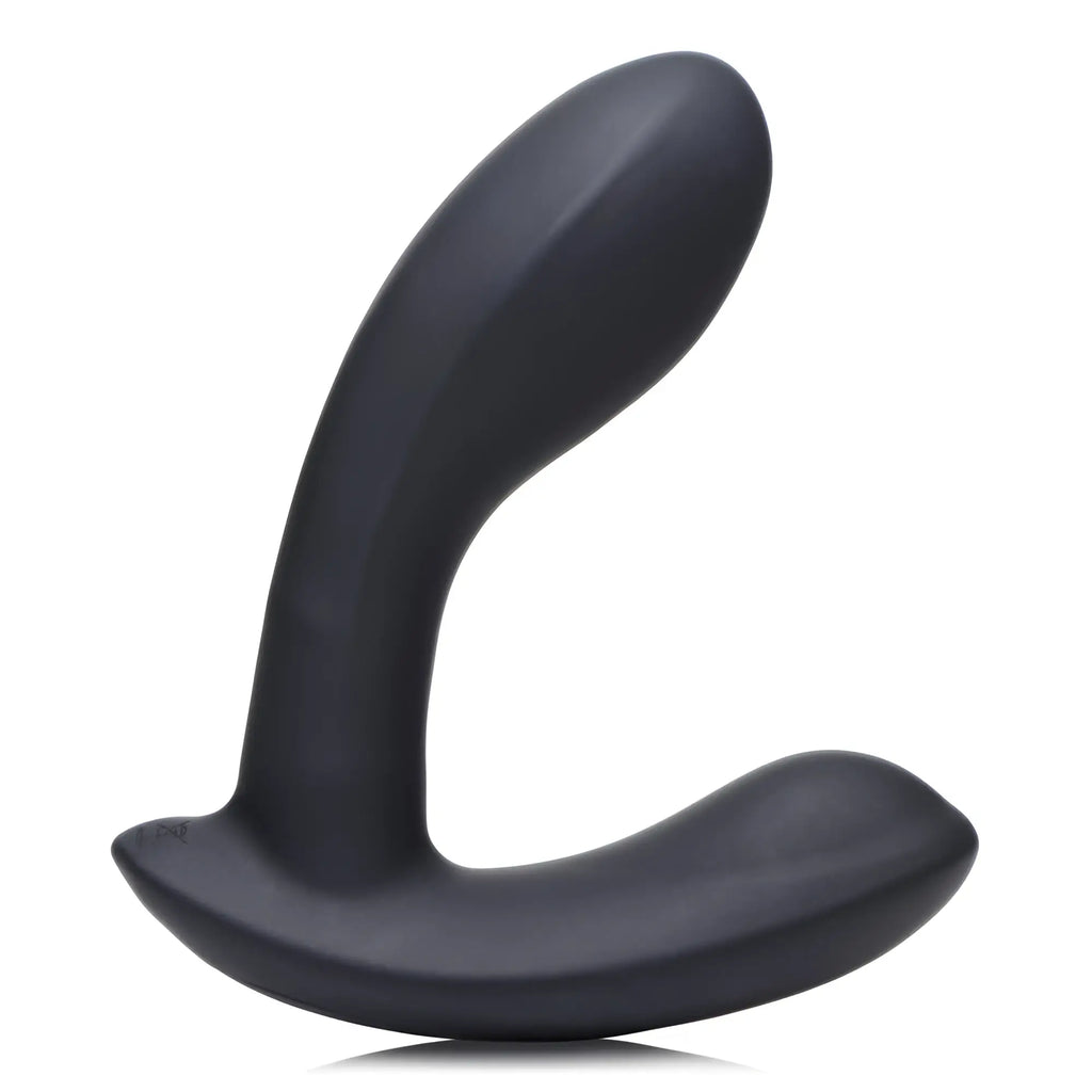 Zeus E-Stim Pro: A smooth, black silicone prostate massager with an ergonomic, curved design on a white background.