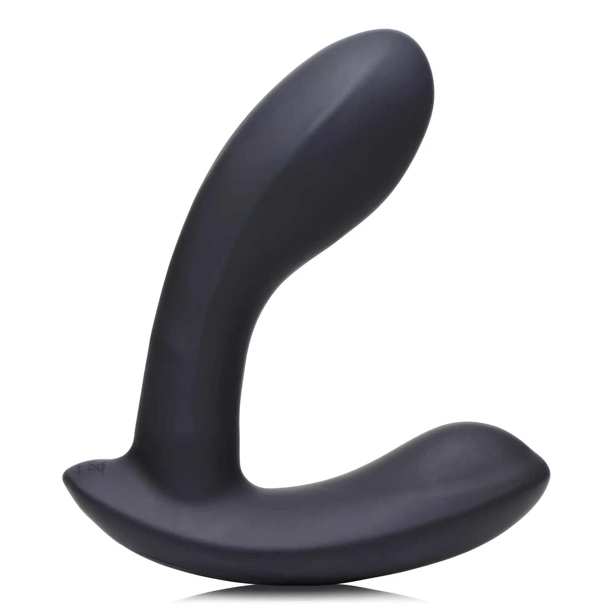 Zeus E-Stim Pro: A smooth, black silicone prostate massager with an ergonomic, curved design on a white background.