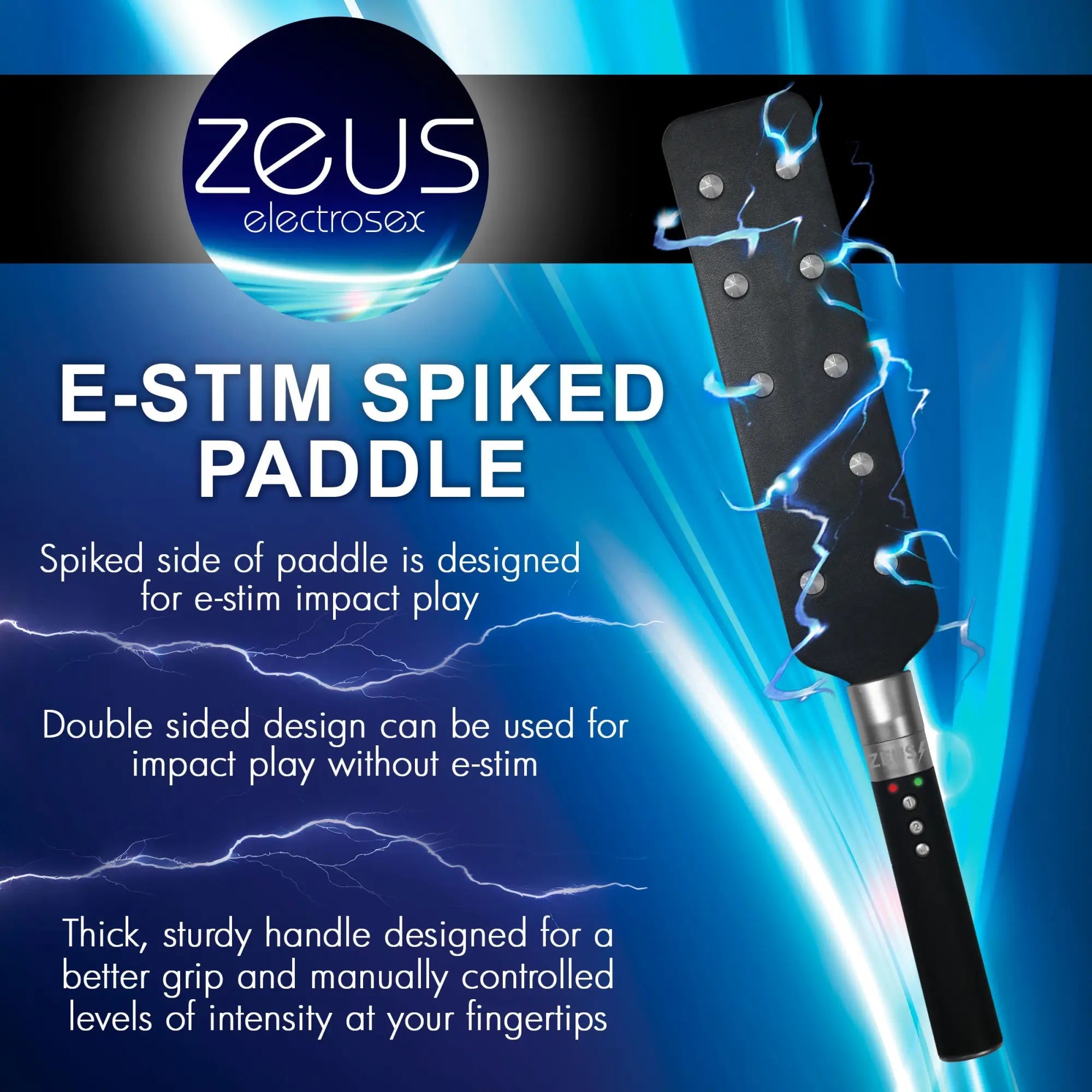 Zeus Electrosex E-stim Spiked Paddle: black, double-sided paddle with metal spikes and an electric control handle.