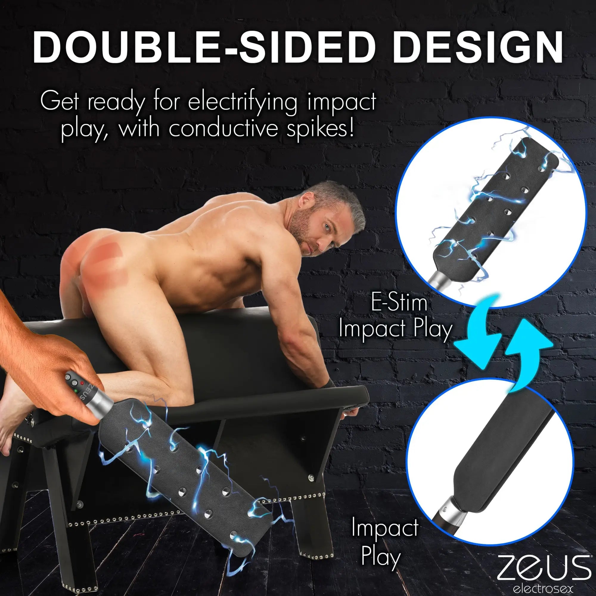 Zeus Electrosex E-stim Spiked Paddle: A double-sided black paddle with metallic spikes shown with electric effects.