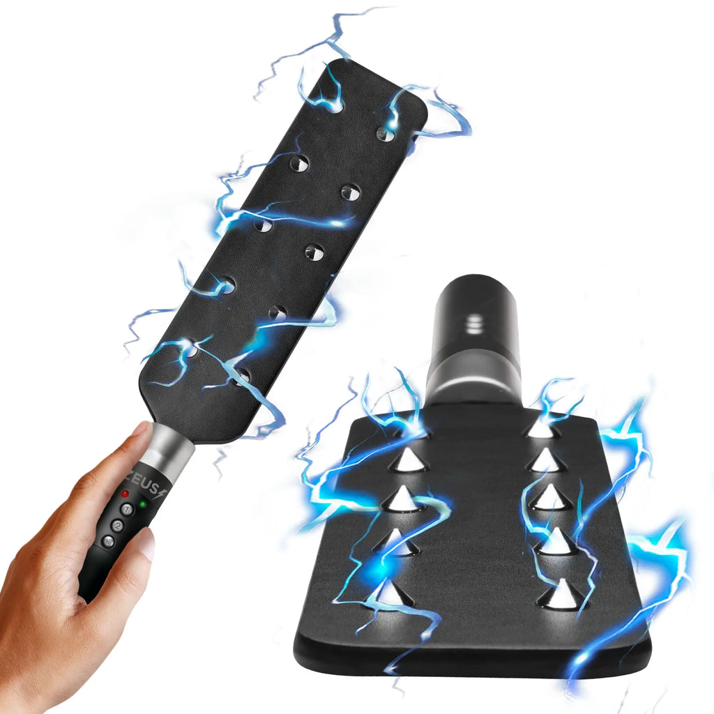 Zeus Electrosex E-stim Spiked Paddle: black paddle with silver studs surrounded by blue lightning effects.