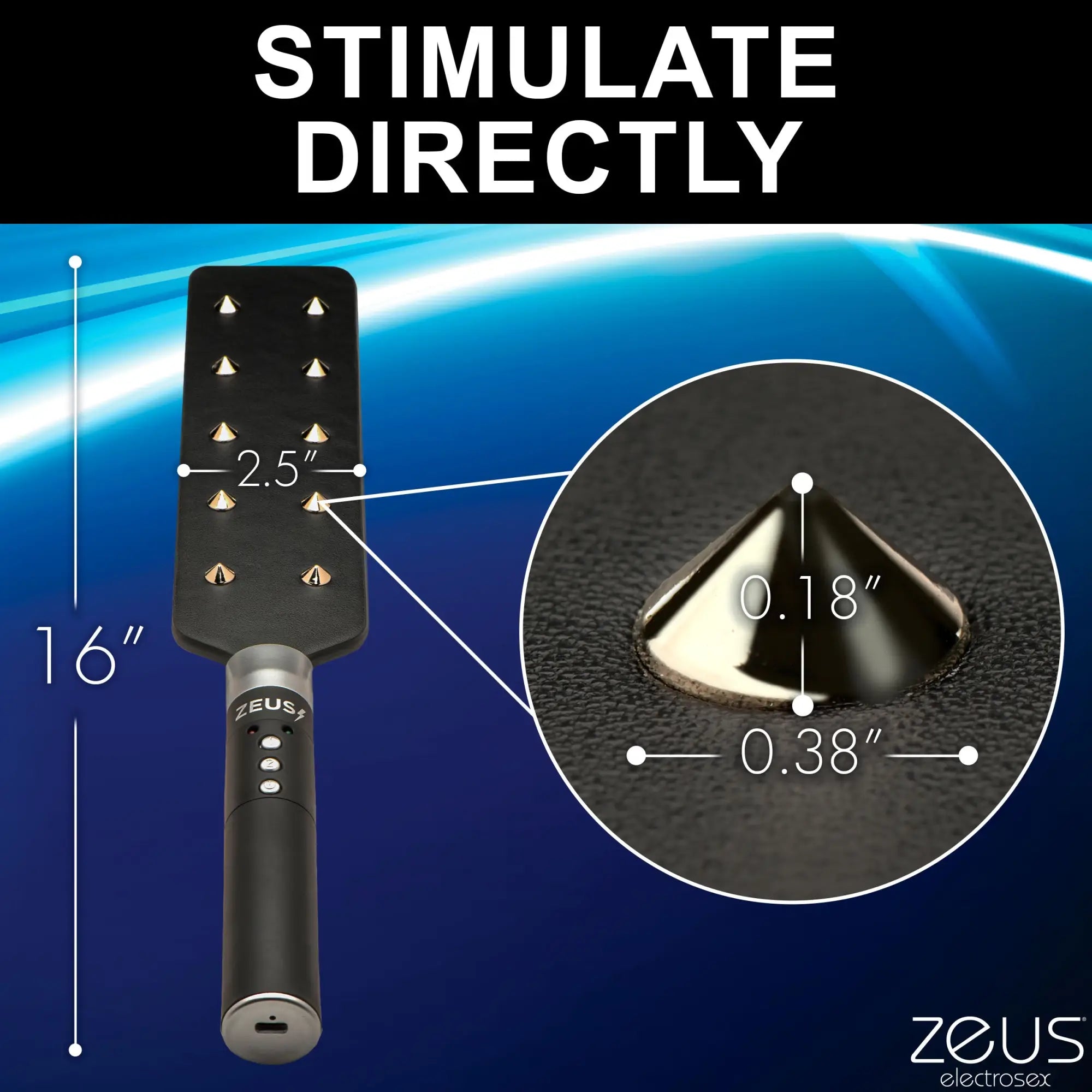 Zeus Electrosex E-stim Spiked Paddle: A 16-inch black paddle featuring gold spikes with labeled dimension measurements.