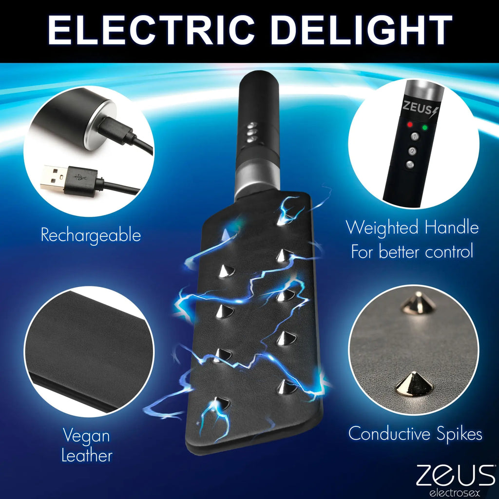 Zeus E-stim Spiked Paddle: black vegan leather paddle with conductive metal spikes, weighted handle, and USB charging.
