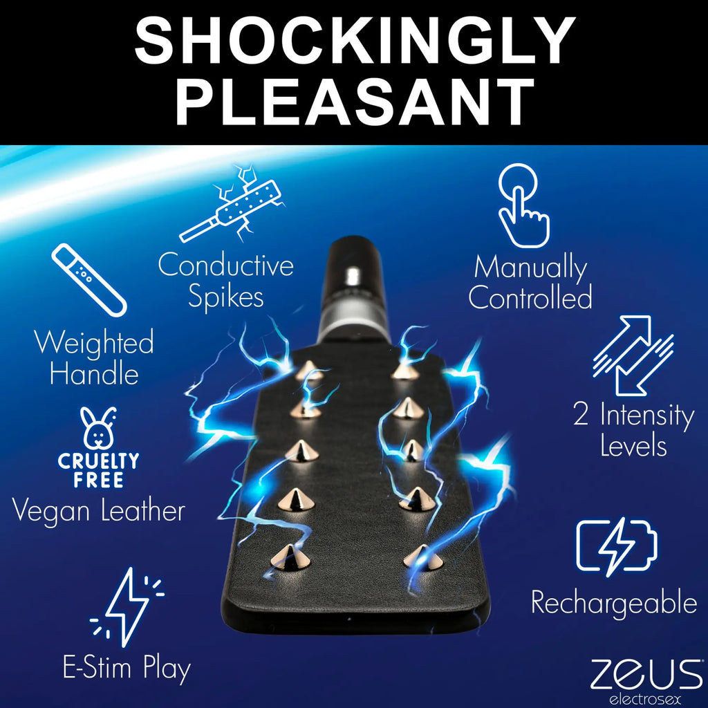 Zeus Electrosex Spiked Paddle: Black vegan leather paddle with metallic spikes, surrounded by blue electric graphics.