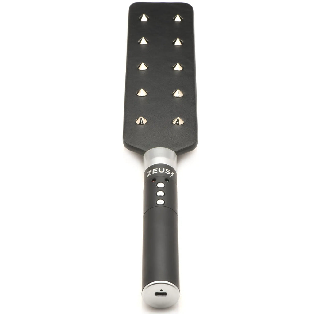 Zeus Electrosex E-stim Spiked Paddle: Black rectangular paddle with 10 silver spikes and a control handle.