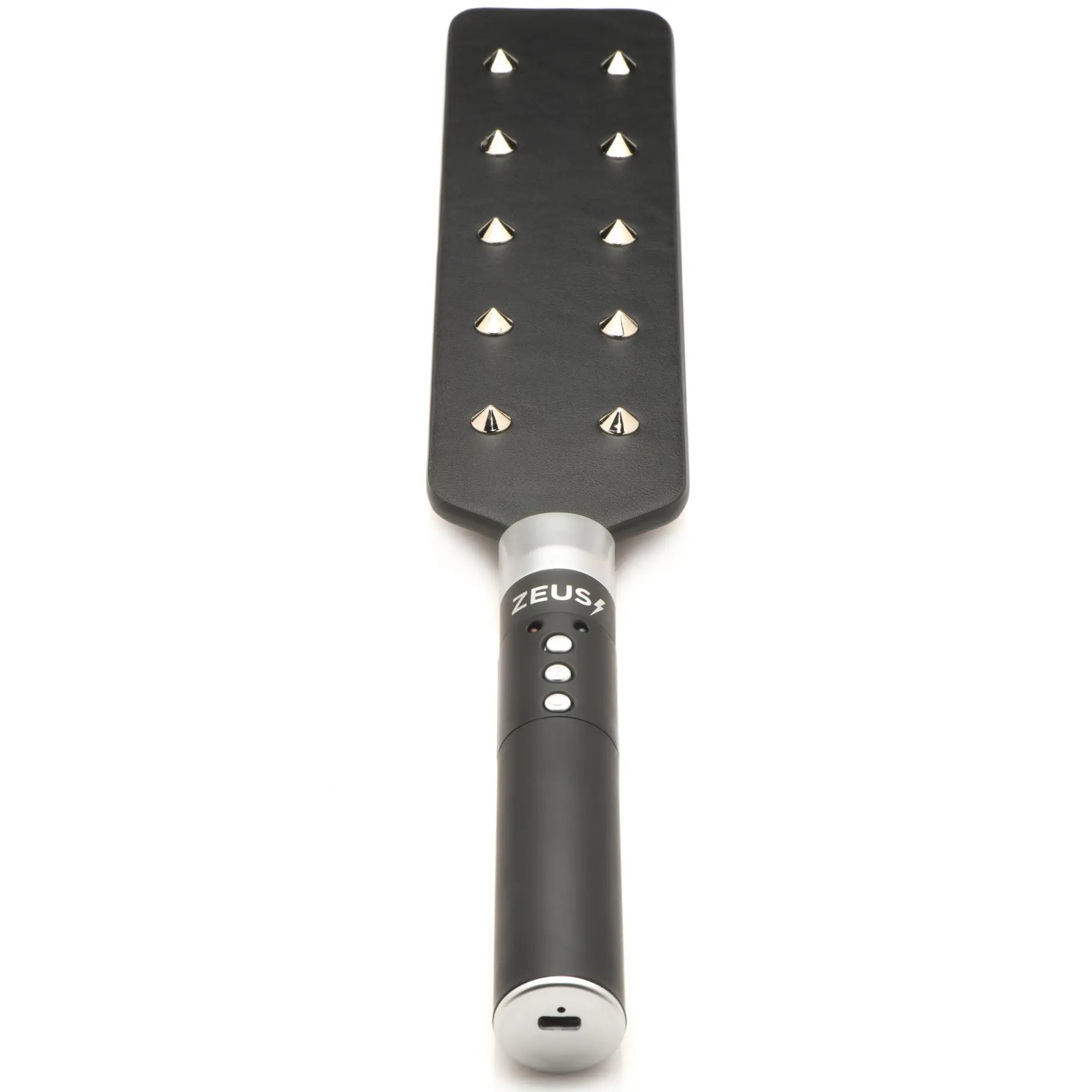 Zeus Electrosex E-stim Spiked Paddle: Black rectangular paddle with 10 silver spikes and a control handle.