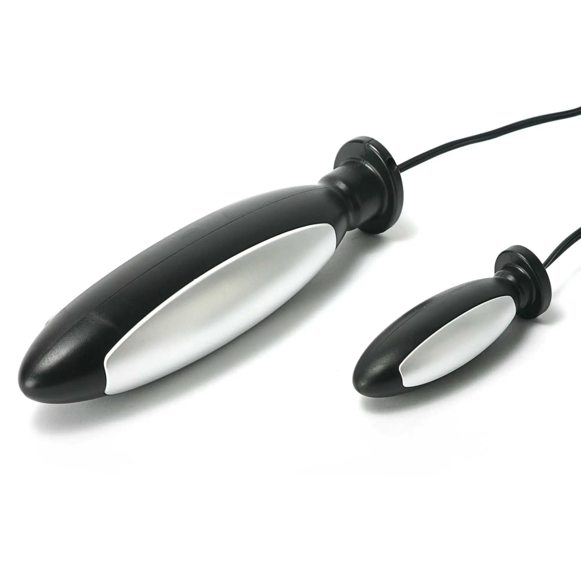 Zeus E-Stim Torpedo Plugs: Two black and silver torpedo-shaped stimulatory plugs with attached connection wires.