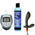 Zeus Electrify Your Prostate Kit includes a blue digital control unit, a bottle of conductive gel, and a black probe.