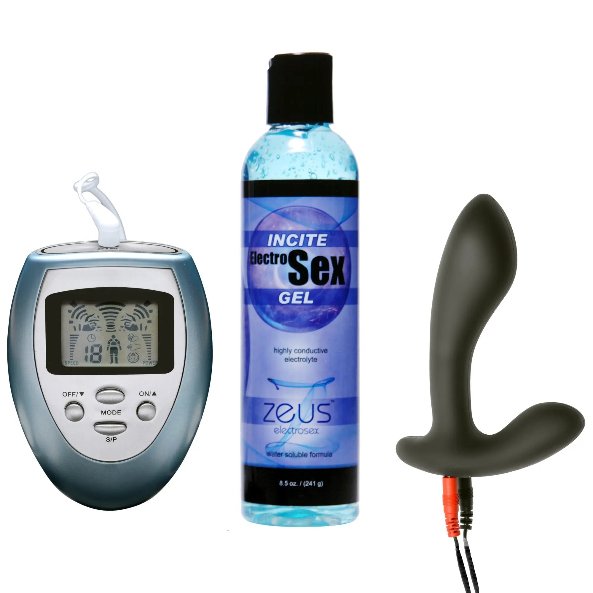 Zeus Electrify Your Prostate Kit includes a blue digital control unit, a bottle of conductive gel, and a black probe.