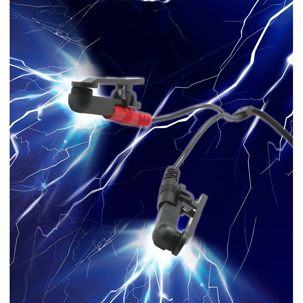 Zeus Electrosex black clamps with red connectors connected by black wires against a bright blue lightning background.