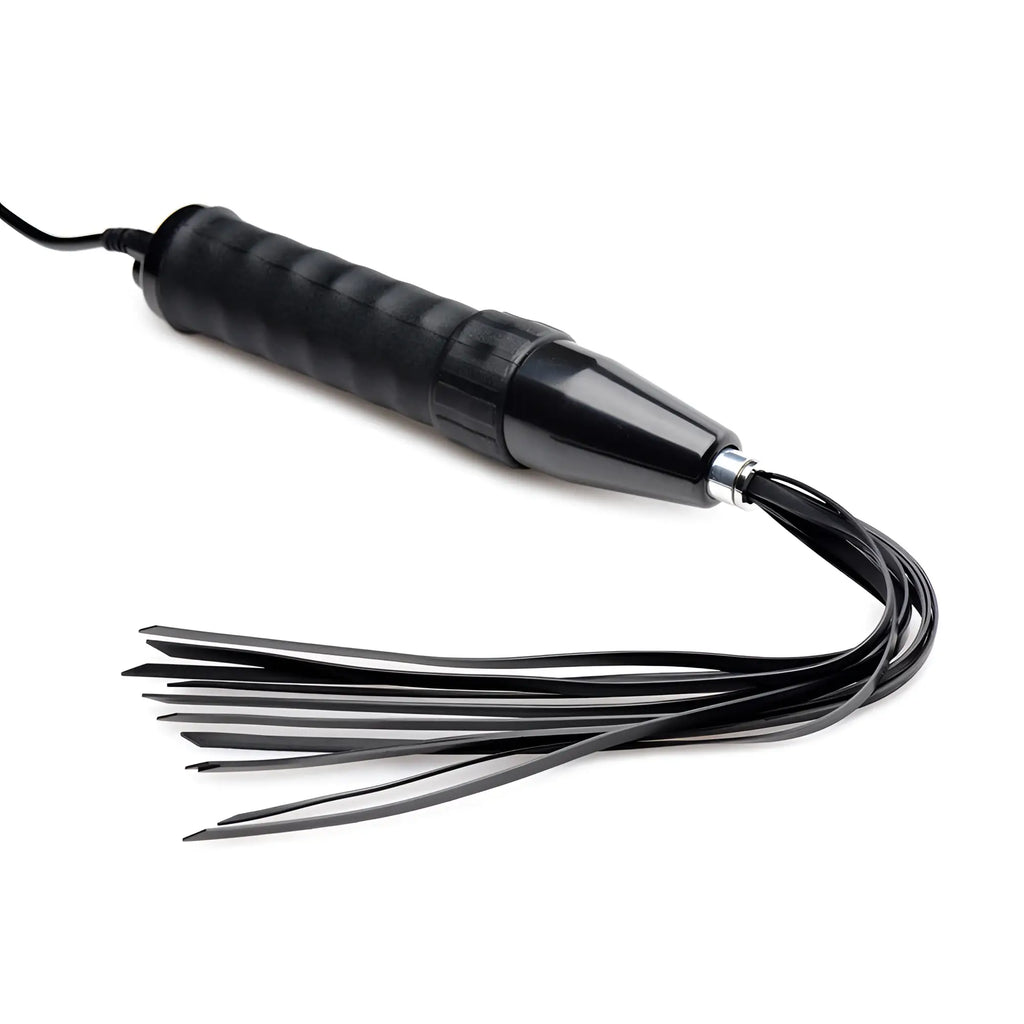 Zeus Extreme Twilight eStim flogger with a black ergonomic handle and multiple thin, flexible black silicone tails.
