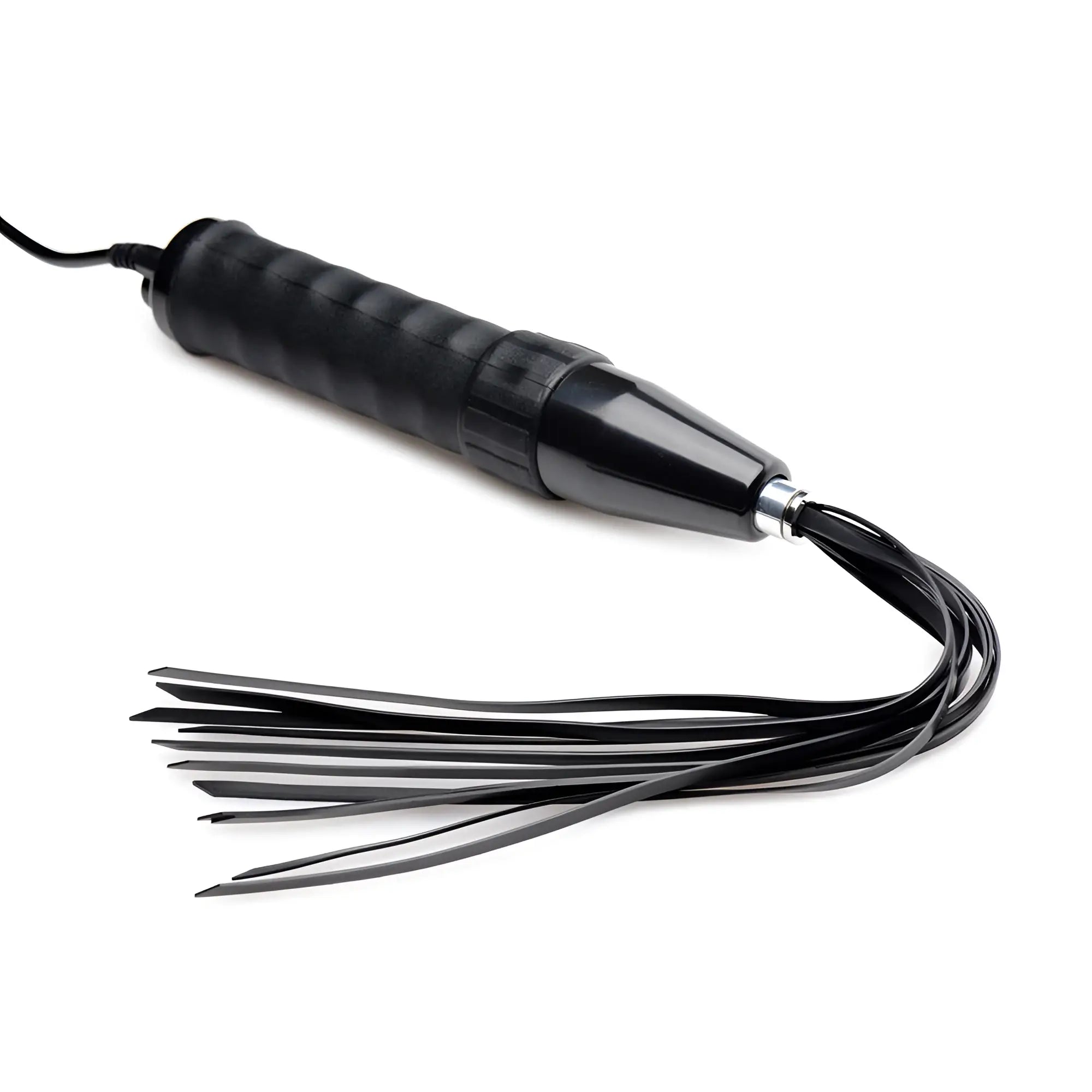 Zeus Extreme Twilight eStim flogger with a black ergonomic handle and multiple thin, flexible black silicone tails.