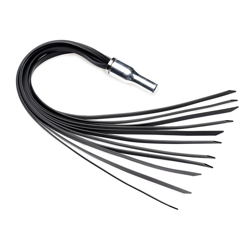 Zeus Electrosex Extreme Twilight Flogger with a silver handle and multiple black silicone strands on a white background.