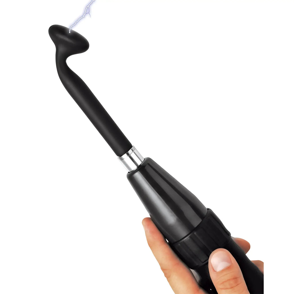 Zeus Electrosex Extreme Twilight black silicone eStim attachment held in hand with a lightning bolt effect.