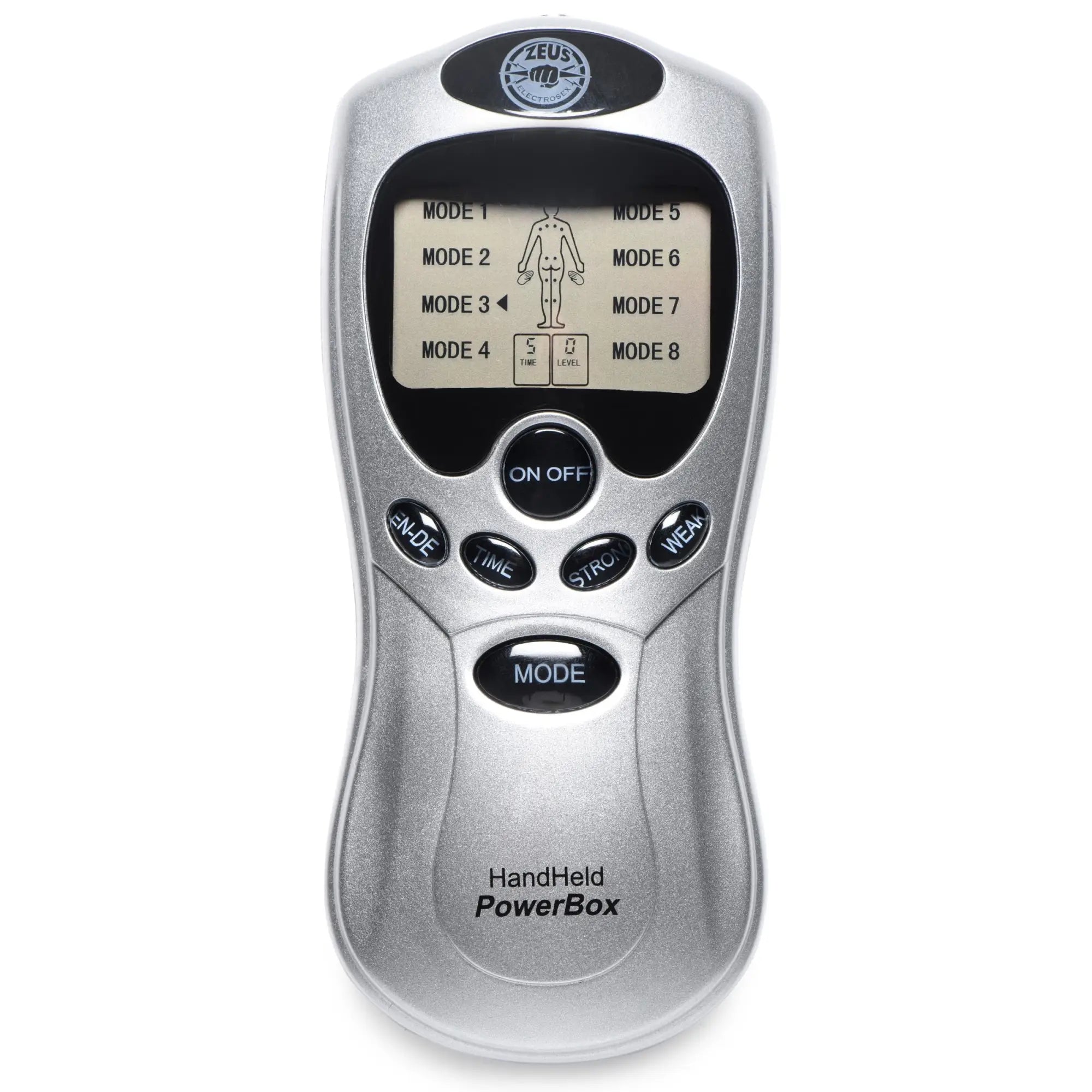 Silver Zeus Electrosex Handheld Power Box with a digital LCD screen, mode controls, and black buttons.