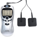 Zeus Electrosex handheld power box in silver with an LCD screen, control buttons, and two black silicone electrode pads.