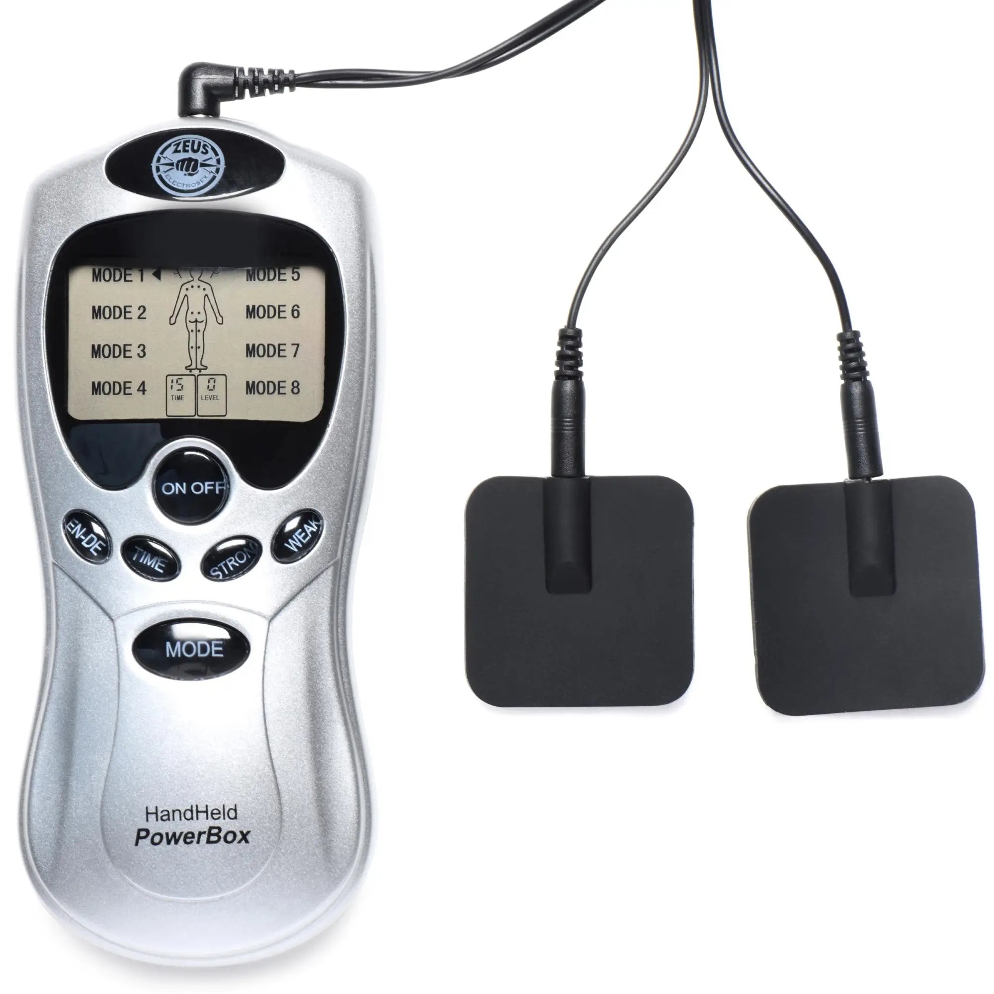 Zeus Electrosex handheld power box in silver with an LCD screen, control buttons, and two black silicone electrode pads.
