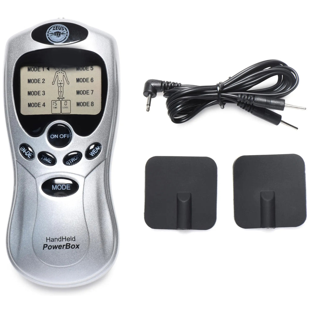 Zeus Electrosex handheld silver power box, black connection cable, and two square black silicone pads on white background.