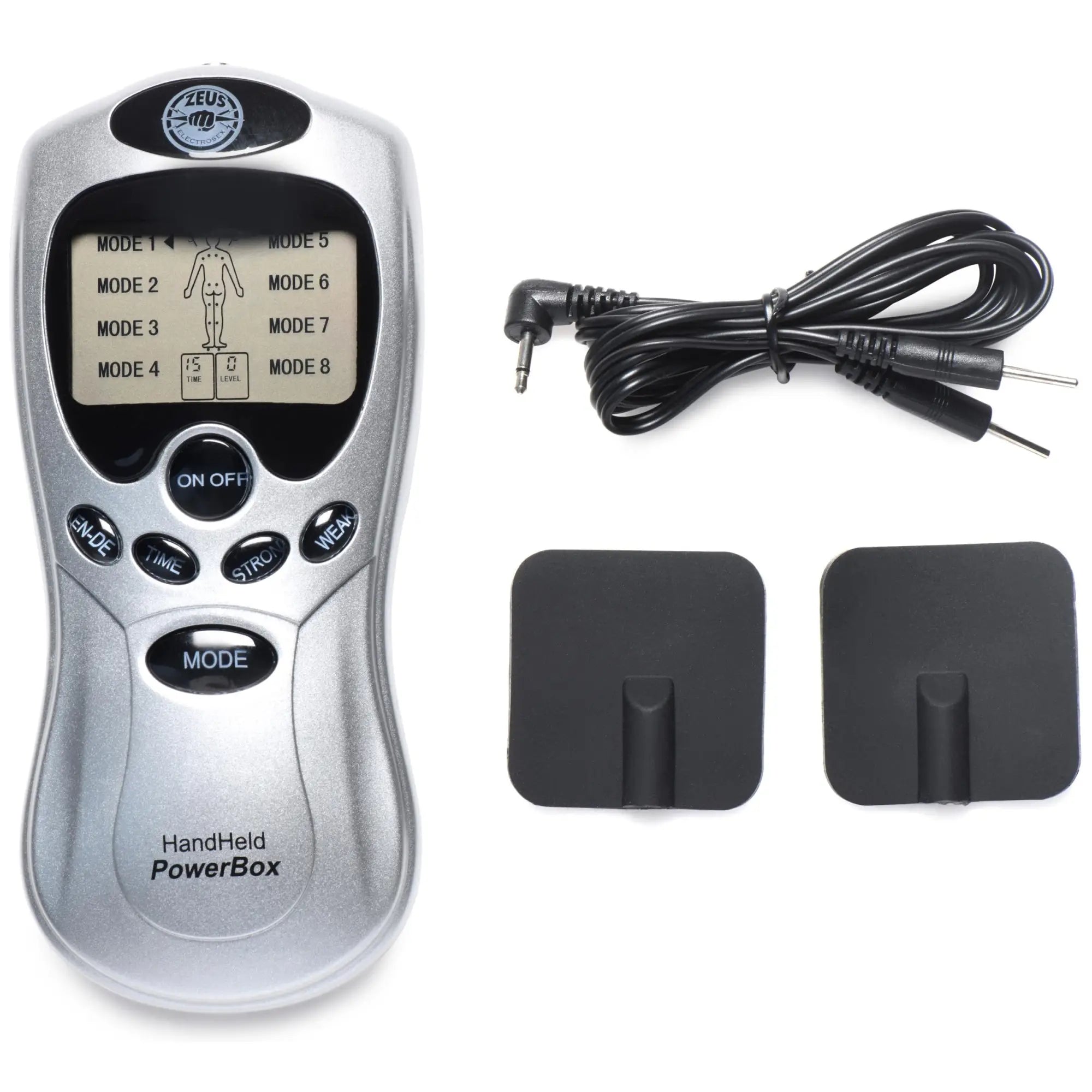 Zeus Electrosex handheld silver power box, black connection cable, and two square black silicone pads on white background.