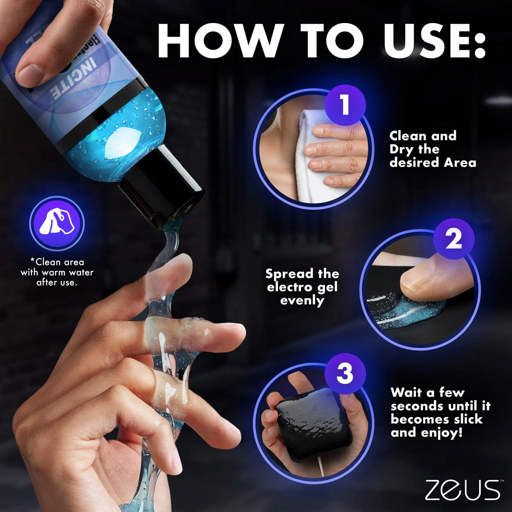 Zeus Incite Electrosex Gel 8.5oz: A 3-step instructional graphic showing blue gel being applied to a person's hand.