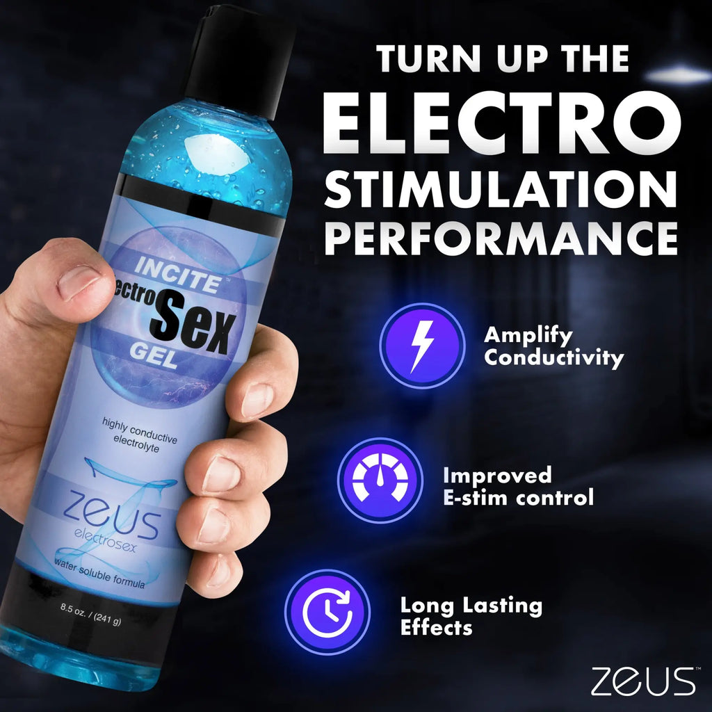 A hand holds a bottle of blue Zeus Incite Electrosex Gel with marketing text highlighting conductivity and e-stim use.