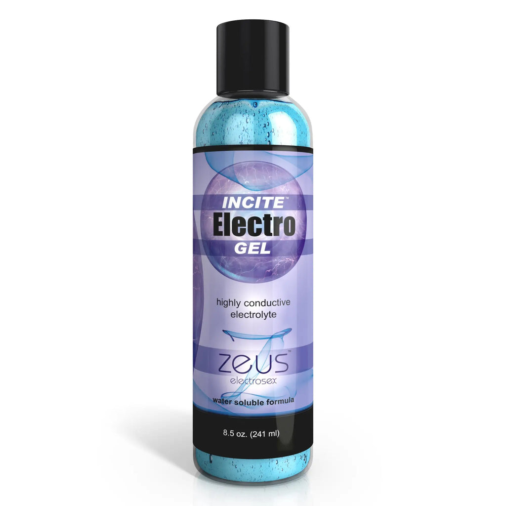 An 8.5oz bottle of Zeus Incite Electrosex Gel, featuring a blue gel and a purple and white label with black cap.