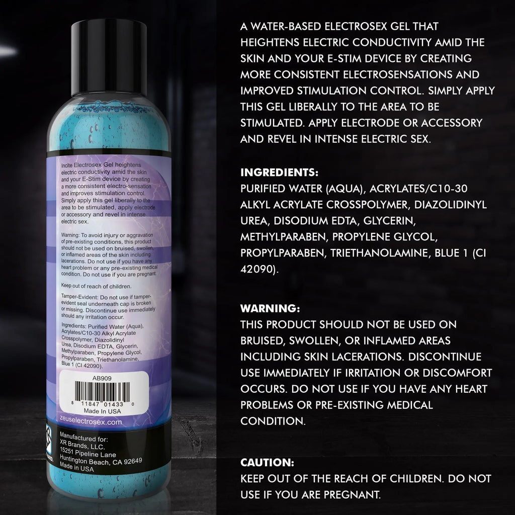 Zeus Incite Electrosex Gel 8.5oz bottle with a blue and purple label featuring product info, ingredients, and warnings.