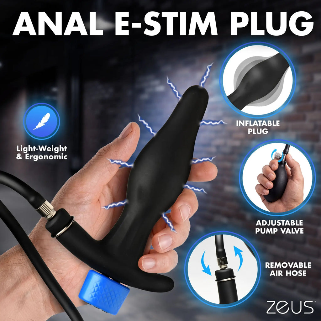 Zeus Electrosex Inflatable Anal Plug with a black body, blue base, adjustable pump valve, and removable air hose.