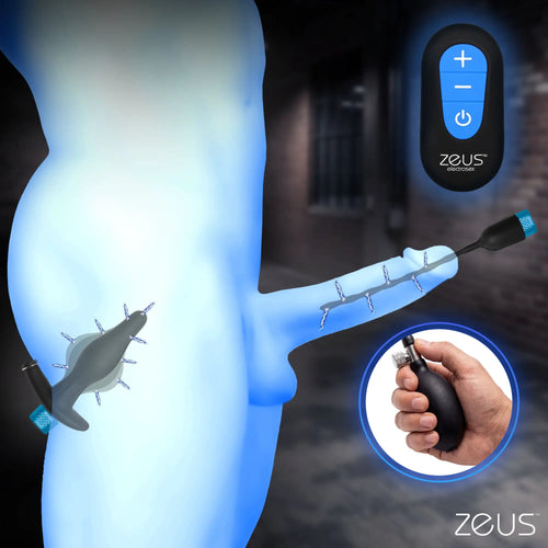 Zeus Electrosex inflatable anal plug and urethral sound e-stim kit with controller and manual inflation pump.