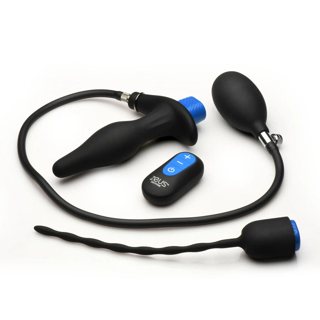 Zeus Electrosex inflatable anal plug, ribbed urethral sound, inflation pump, and blue-buttoned controller in matte black.