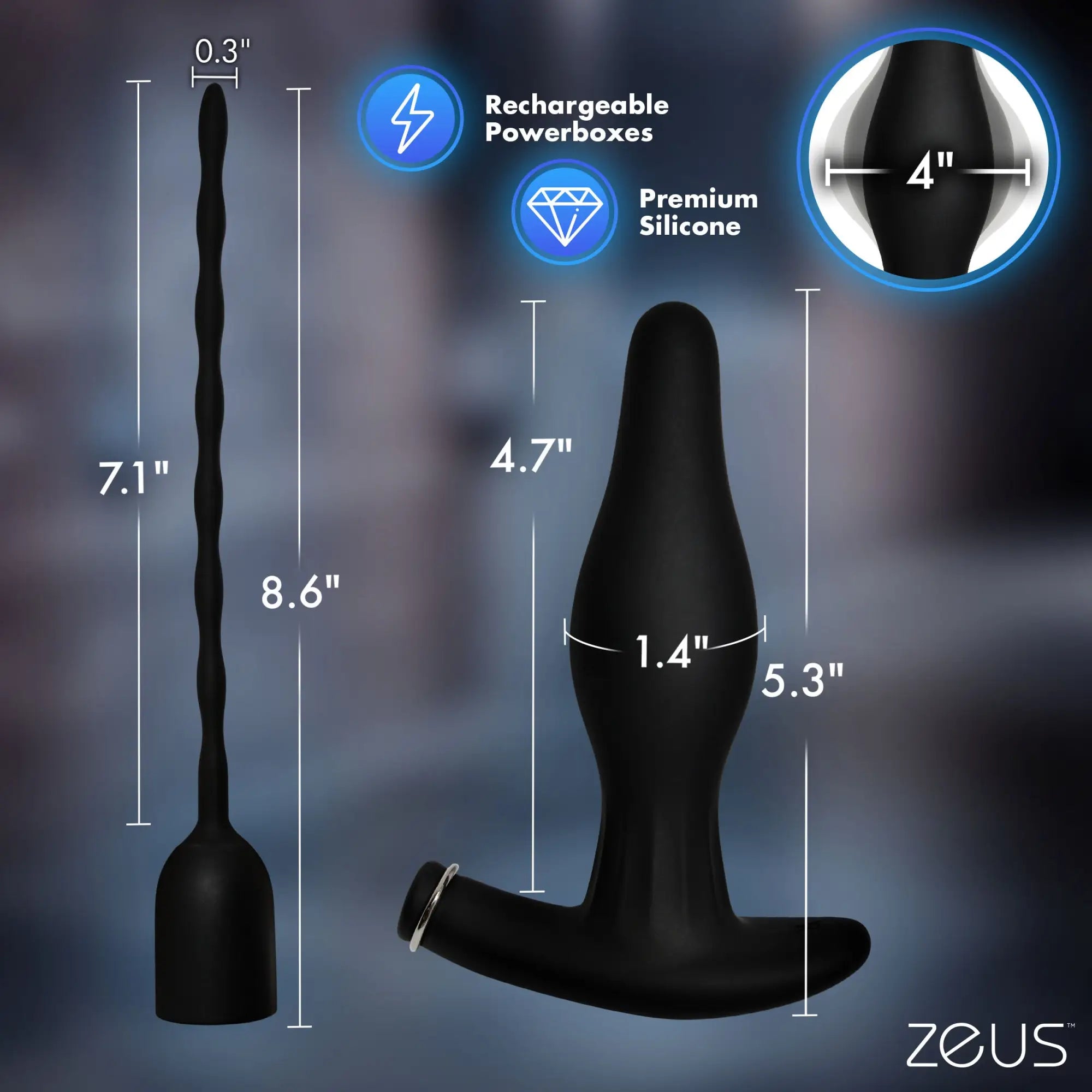 Two black silicone pleasure products with measurement labels and icons for rechargeable and premium silicone features.