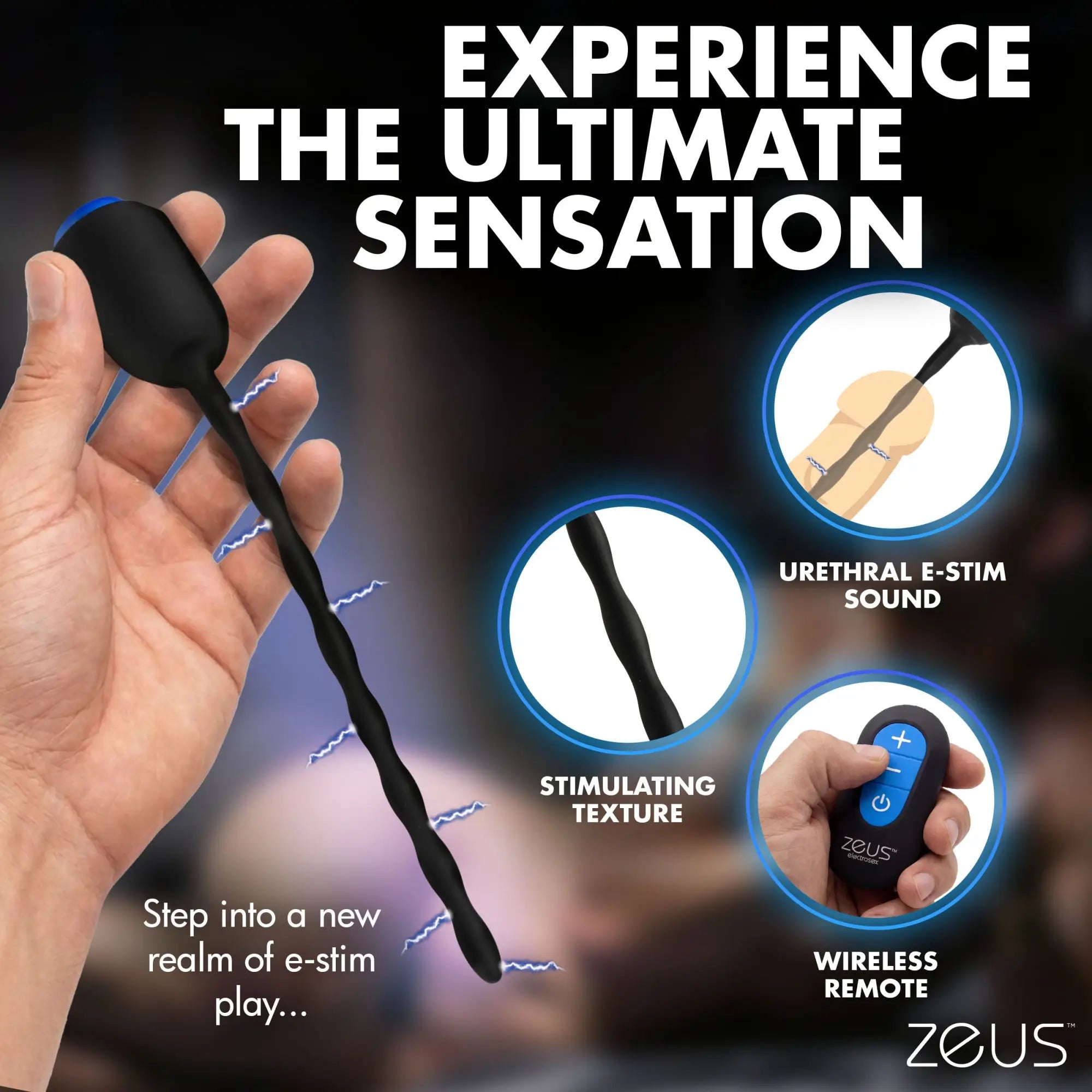 Zeus Electrosex E-Stim Kit showing a black, textured, long thin sound, urethral use illustration, and wireless remote.