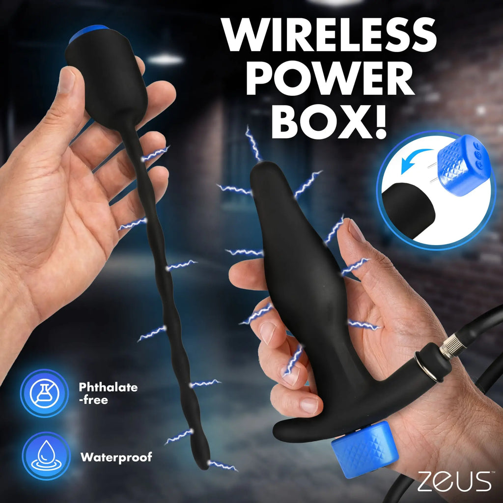 Zeus E-Stim kit: black inflatable anal plug and ribbed urethral sound with blue wireless power controllers.