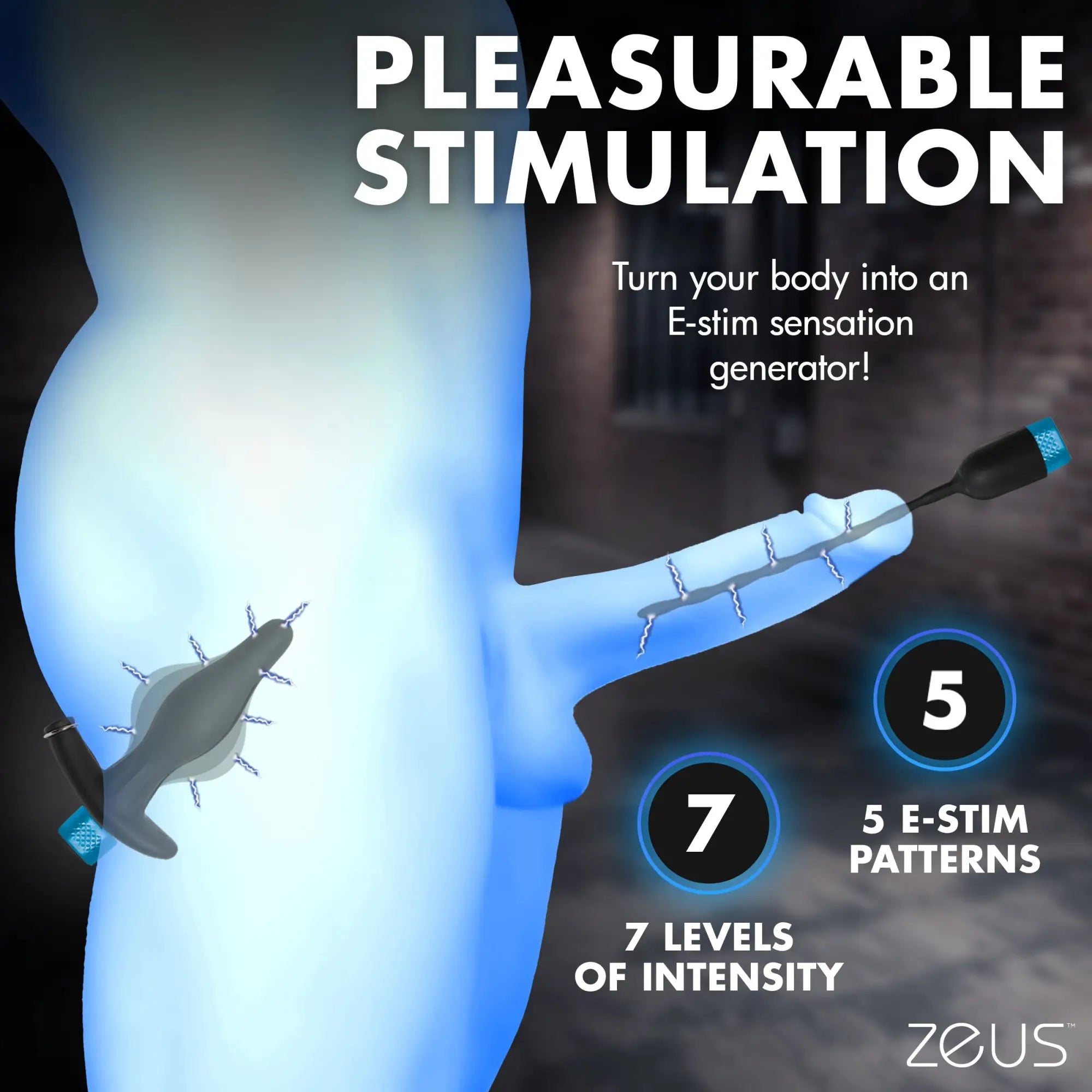 Black E-stim anal and penile stimulation devices on a blue human silhouette, showing 7 intensity and 5 pattern levels.