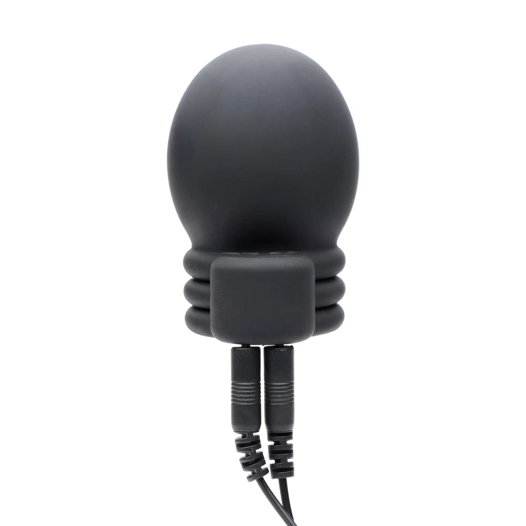 Zeus Electrosex Lightning Hood: A matte black, dome-shaped silicone e-stim penis head teaser with two plug cables.