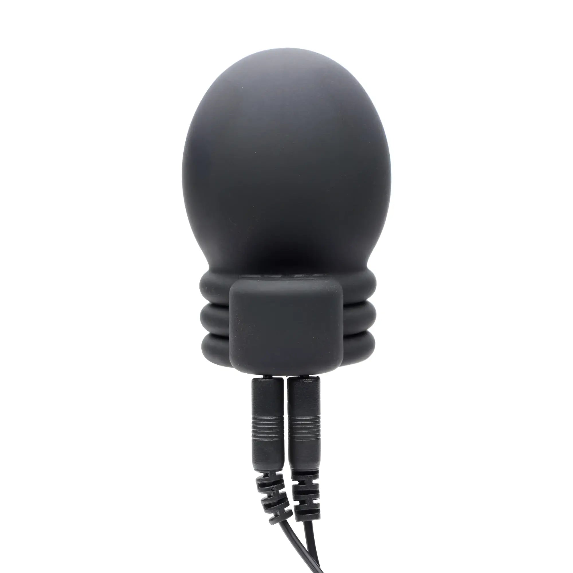 Zeus Electrosex Lightning Hood: A matte black, dome-shaped silicone e-stim penis head teaser with two plug cables.