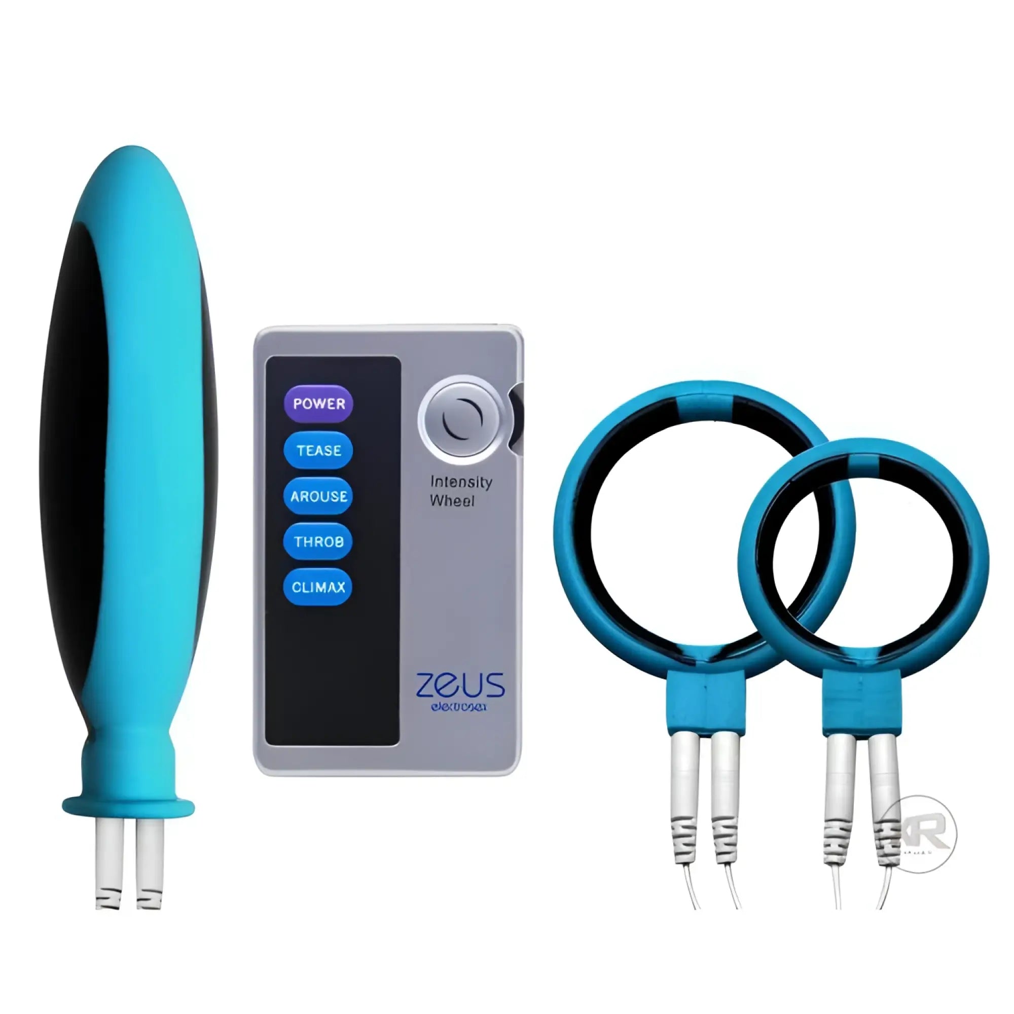 Zeus Electrosex Mingle 4pc kit featuring a blue and black probe, control box, and two blue cock rings with cables.